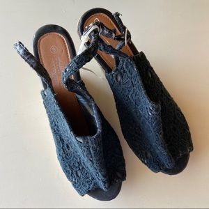 Y2K vintage Charles Albert slingback lace open toe wedge heels